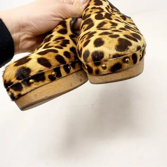 J. Crew Calf Pony Hair Cheetah Leopard Print Wooden Clogs Size 6 - Picture 5 of 9